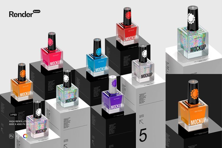 Nail Polish Mockup Set 3款化妆品美妆指甲油展示台产品包装设计贴图ps样机素材展示效果