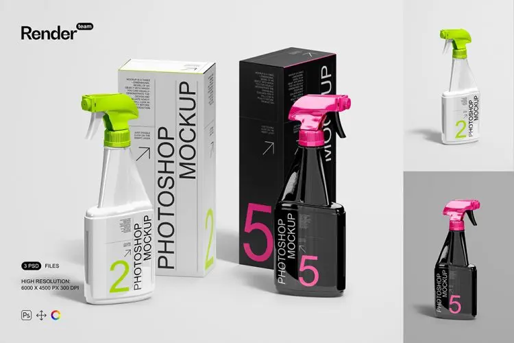 Spray Bottle Mockup Set 3款去污清洁剂分装喷雾瓶产品包装设计贴图ps样机素材展示效果图