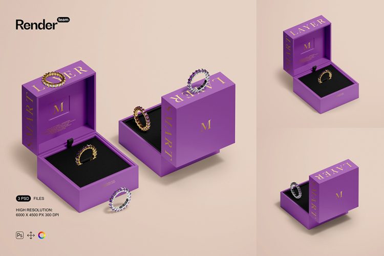 Jewelry Box Mockup Set 3款正方形珠宝戒指首饰礼品包装盒设计贴图ps样机素材展示效果图