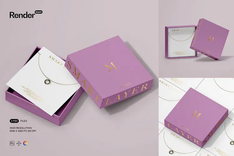Jewelry Box Mockup Set 3款正方形天地盖项链珠宝首饰产品包装盒礼盒ps样机素材展示效果