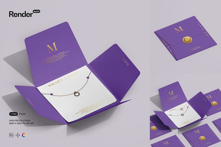 Jewelry Packaging Mockup Set 3款正方形信封珠宝项链纸盒包装设计贴图ps样机素材展示效果图