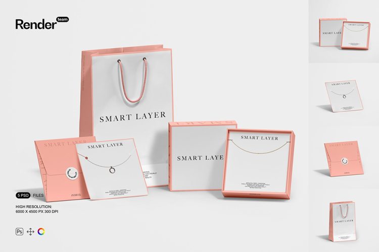 Jewelry Packaging Mockup Set 5款珠宝首饰项链礼盒手袋信封包装设计贴图ps样机素材展示效果图