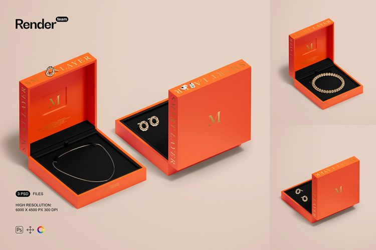 Jewelry Box Mockup Set 正方形翻盖珠宝首饰项链礼盒包装盒设计贴图ps样机素材展示效果图