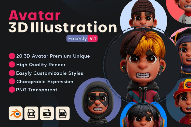 Illustration of 3D Avatar – Facesly V.1 20款3D趣味时尚卡通立体行业人物头像插图插画png免抠图片素材