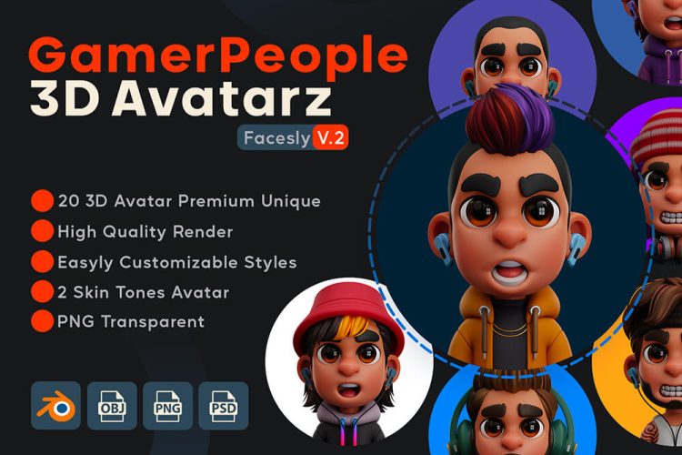 GamerPeople 3D Avatar – Facesly V.2 20款3D卡通潮人游戏玩家趣味人物头像插图插画png免抠图片素材