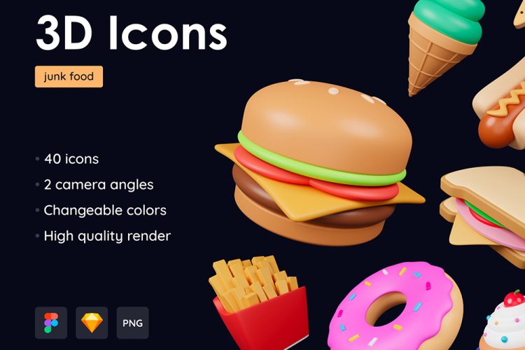 Junk Food Pack – Customizable 3D Icons 40款汉堡薯条热狗快餐3D卡通立体icon图标png免抠图片设计素材