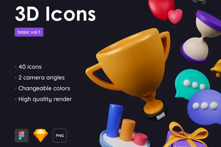 Basic Pack – Customizable 3D Icons 40款多角度高清网页app奖杯礼盒气泡插图3D图标icon素材webp免抠图