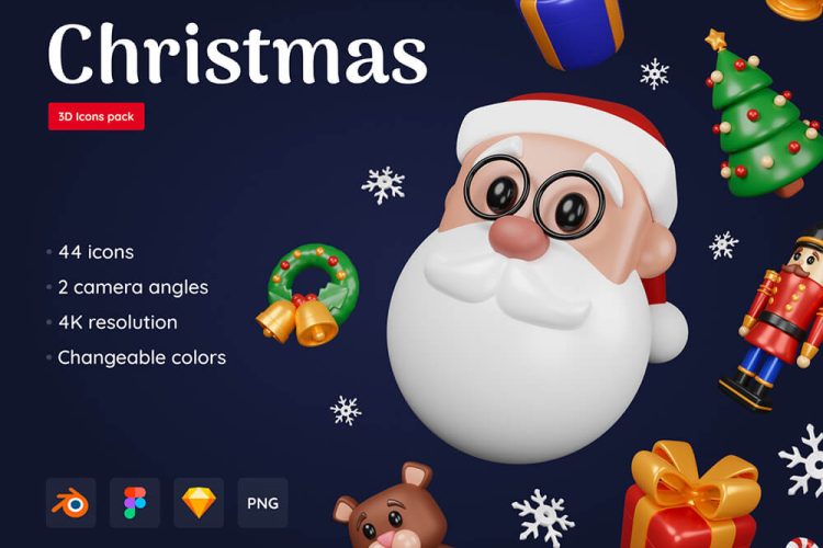 Christmas Pack – Customizable 3D Icons 44款萌趣卡通3D立体圣诞节新年插图插画icon图标png免抠图片素材