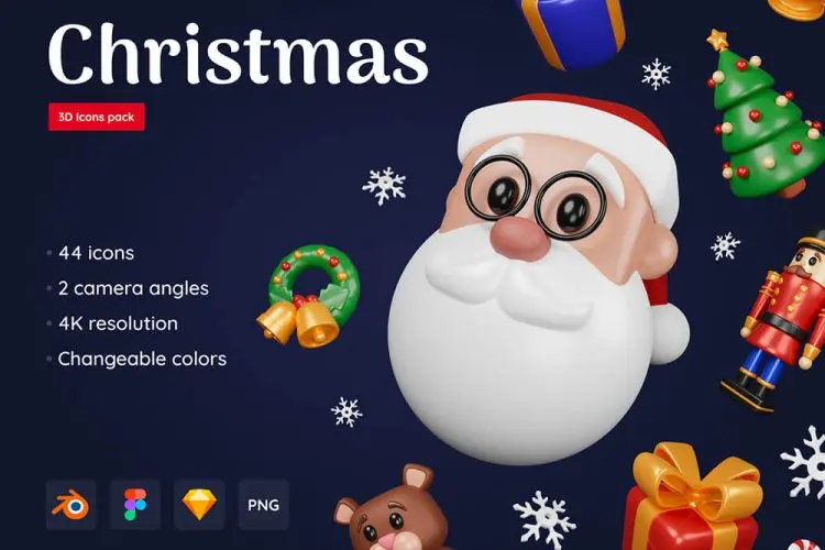 Christmas Pack – Customizable 3D Icons 44款萌趣卡通3D立体圣诞节新年插图插画icon图标webp免抠图片素材