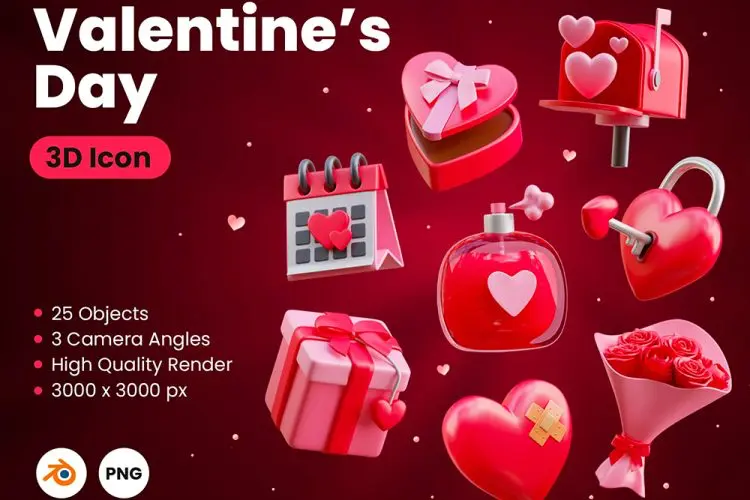 Valentine’s Day 3D Icon 25款趣味卡通3D立体爱心情人节礼物webp免扣图标插图插画设计素材