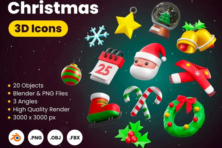 Christmas 3D Icon 20款萌趣卡通3D立体圣诞节新年icon图标插图插画webp免抠设计素材