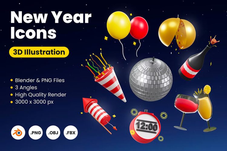 3D New Year Icons 10款3D立体趣味卡通新年春节跨年庆典插图png免抠图片设计素材