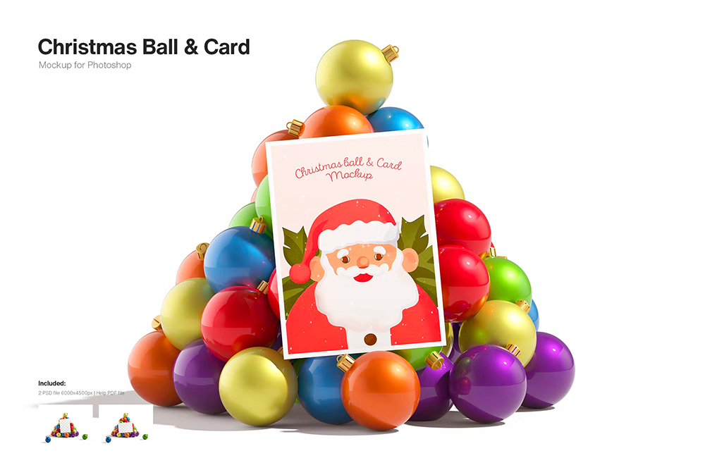 Christmas Ball & Card Mockup 圣诞节卡片装饰球彩球礼物蛋插图插画png免抠icon图标素材展示效果模板