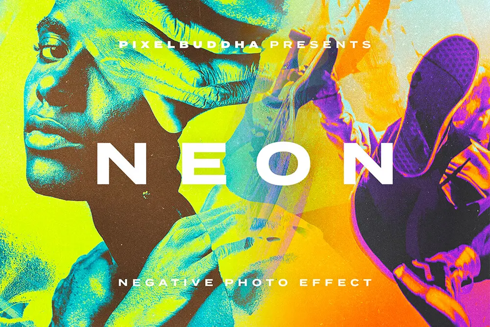 Neon Negative Photo Effect 复古潮流时尚酸性迷幻叠印故障风失真错位撞色渐变图像照片ps特效