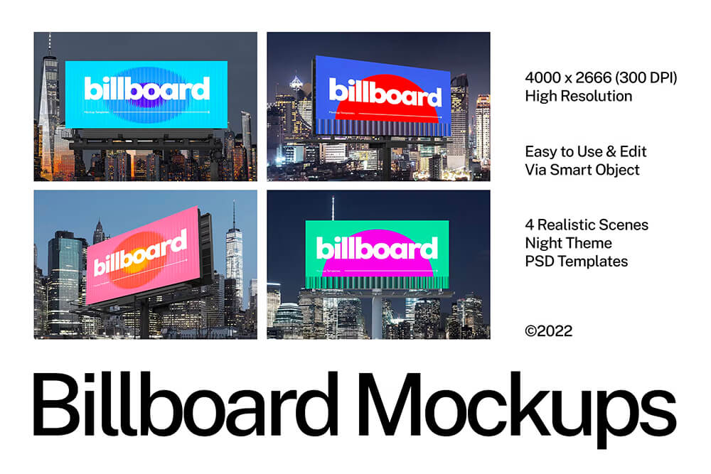 Night City Billboard Mockup 4款城市户外大型灯箱电子屏广告牌设计贴图ps展示样机素材国外设计模板