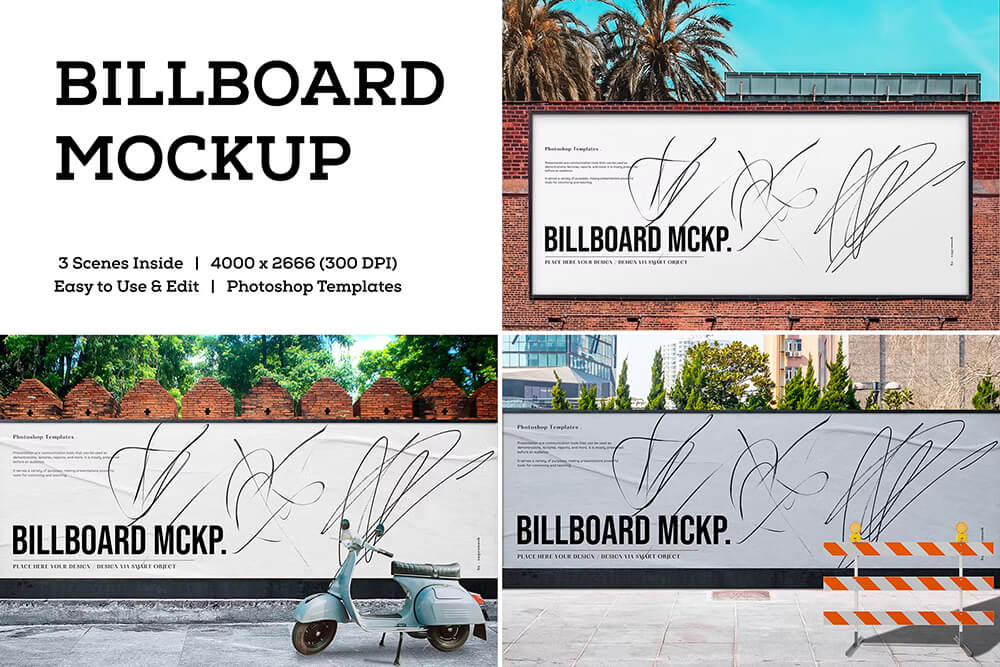 Billboard Mock-ups 4款户外城市街道海报广告牌宣传横幅设计贴图ps展示样机国外设计模板