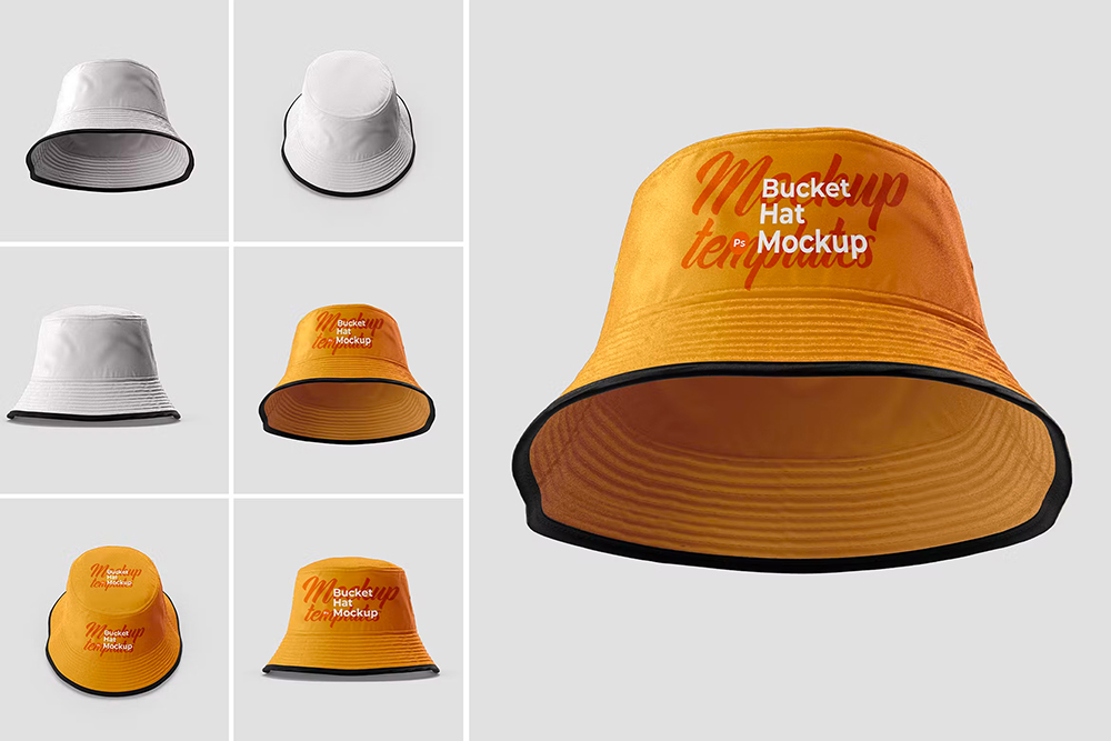 Bucket Hat Mockups 3 PSD渔夫帽商标logo设计贴图ps配饰样机素材国外设计模板