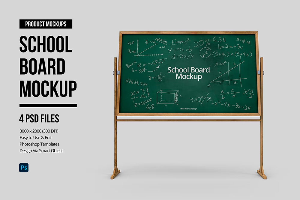 School Blackboard Mockup 学校教学黑板白板架多角度展示ps文具样机国外设计素材