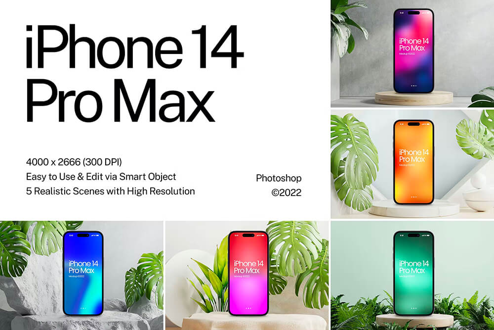 iPhone 14 Pro Mockup 5款苹果14 Pro手机设备展示设计贴图ps数码样机国外设计素材