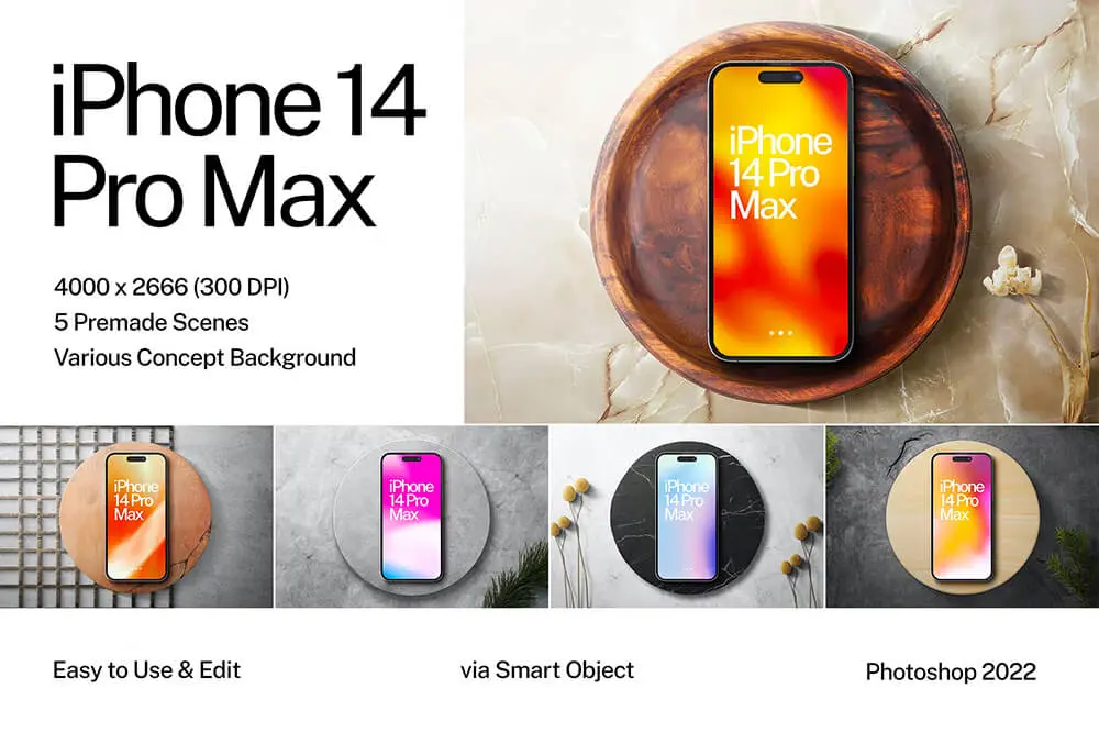 iphone 14 Pro Max Mockup 5款苹果Iphone 14 Pro Max手机屏幕展示设计贴图ps数码样机素材国外设计模板