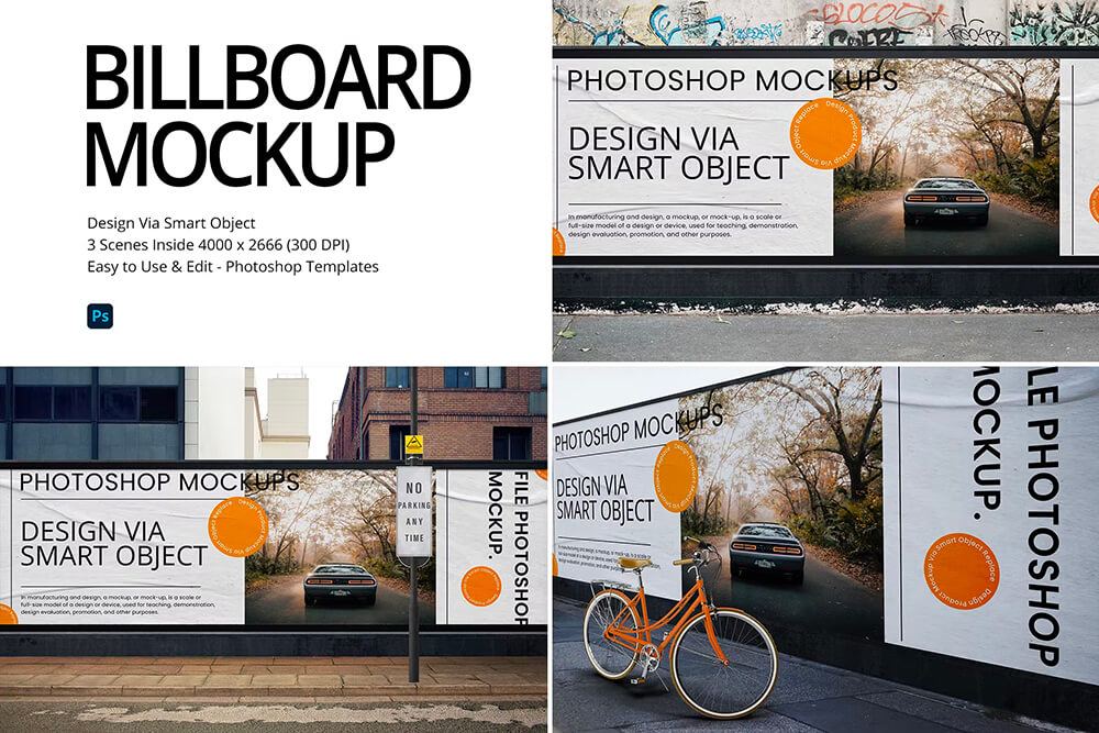 Urban Billboard Mockups 3款户外城市街道褶皱横幅海报广告招贴ps展示样机素材国外设计模板