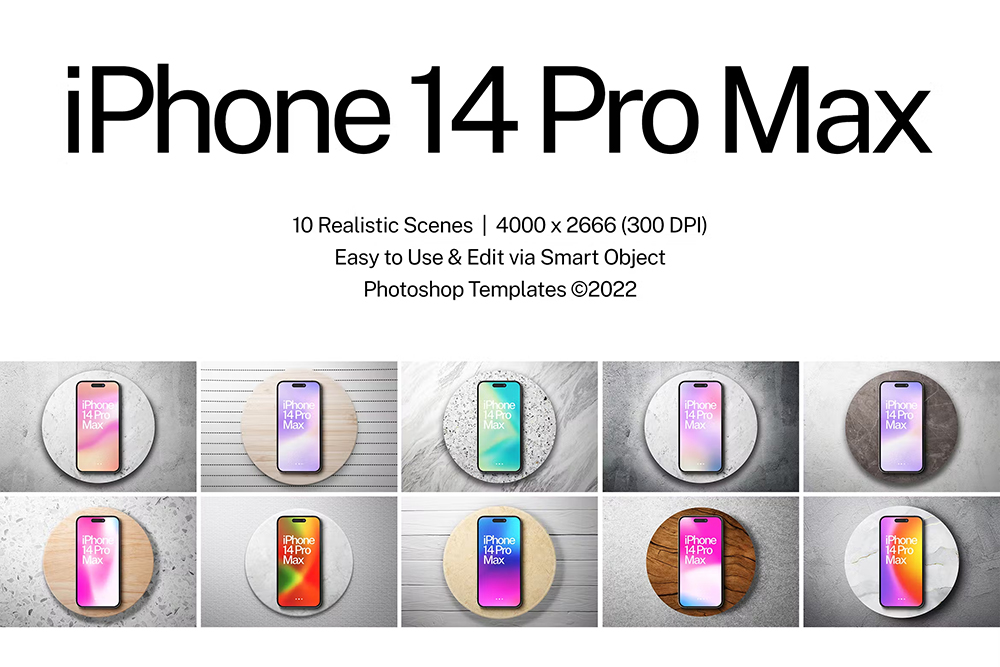 iPhone 14 Pro Mockups v1 10款苹果14 Pro手机屏幕设计贴图ps数码样机素材mockup模板