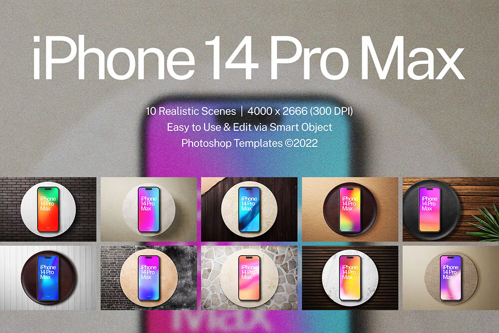 iPhone 14 Pro Mockups v6 10款苹果14 Pro Max手机屏幕设计贴图ps数码样机素材mockup模板