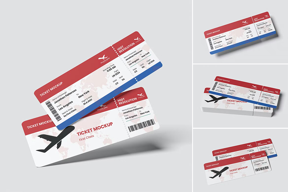 Ticket Mockup 4款纸质航空机票门票叠放展示空白贴图ps卡片样机素材国外设计模板