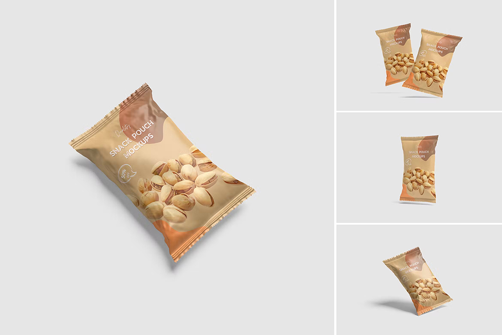 Snack Pouch Mockup 铝箔食品零食包装袋产品包装设计作品贴图ps样机素材展示效果模板
