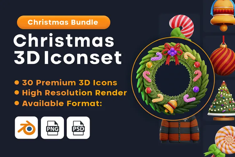 Christmas Eve 3D Iconset 30款3D趣味卡通圣诞节装饰花环礼物头像插图插画webp免抠图片素材