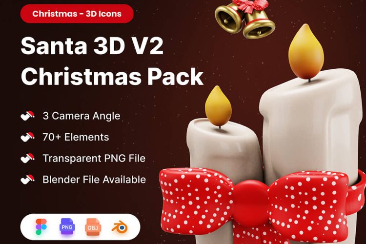 Santa V2 3D – Christmas 3D Models 70款3D趣味卡通圣诞节蜡烛雪橇圣诞树节日元素PNG插画图