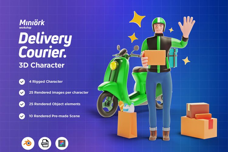 3D Character pack Delivery Courier Illustration 3D快递配送员人物角色动作插画png面抠图片插图