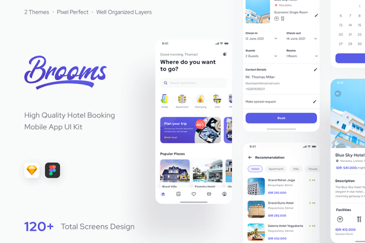 Broom – Hotel Airbnb Guesthouse Booking Mobile App UI Kit 120 多屏酒店 Airbnb 旅馆预订移动应用程序 UI 套件