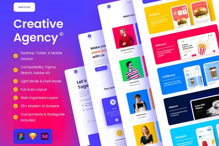 Creative Agency UI Kit 25屏创意机构响应式网页设计UI 套件（可用于 Figma、Sketch、Adobe XD）