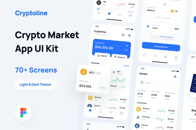 Cryptoline – Crypto Market App UI Kit 70多屏加密货币市场应用程序股票类app界面 UI 工具包