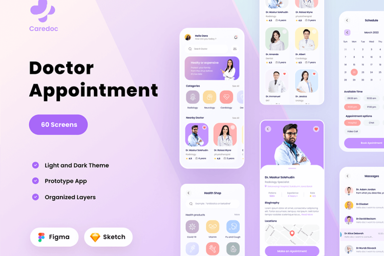 Doctor Appointment App UI Kit 60+iOS在线医疗咨询医生预约门诊app设计UI套件