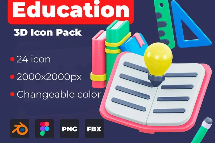 Education 3D icon pack 24款趣味卡通3D立体学习教育开学季文具icon图标webp免抠图片素材