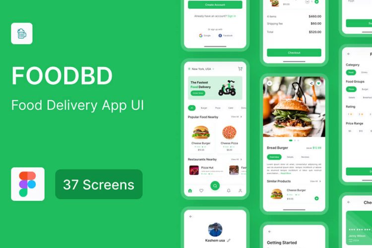 Food delivery app 37屏送餐美食外卖在线订餐配送app界面设计ui套件明暗模板