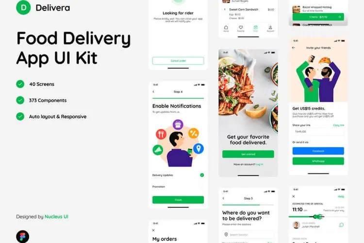 Foodie – Food Restaurant Delivery Mobile UI Kit 适用于Figma 的高级食品/餐厅交付移动应用程序 UI 套件
