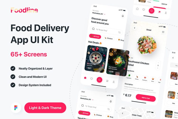 Foodline – Food Delivery App UI Kit 70款优质简洁移动订餐外卖预订送餐配送app界面设计UI套件模板