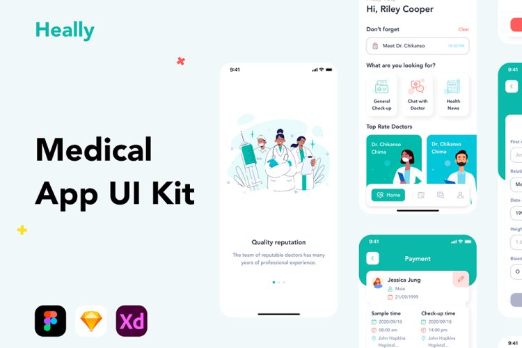 Heally – Medical App UI Kit 50张扁平化医疗app界面设计手机ui模板