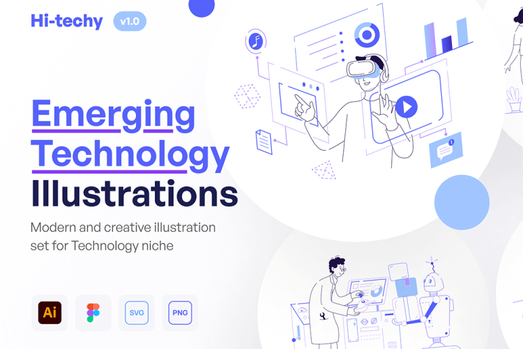 Hi-Techy – Emerging Technology Illustration Set 12幅新兴科技VR无人机Ai人工智能人物场景插画集