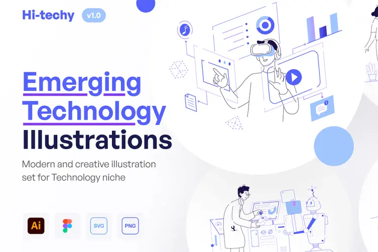 Hi-Techy – Emerging Technology Illustration Set 12幅新兴科技VR无人机Ai人工智能人物场景插画集