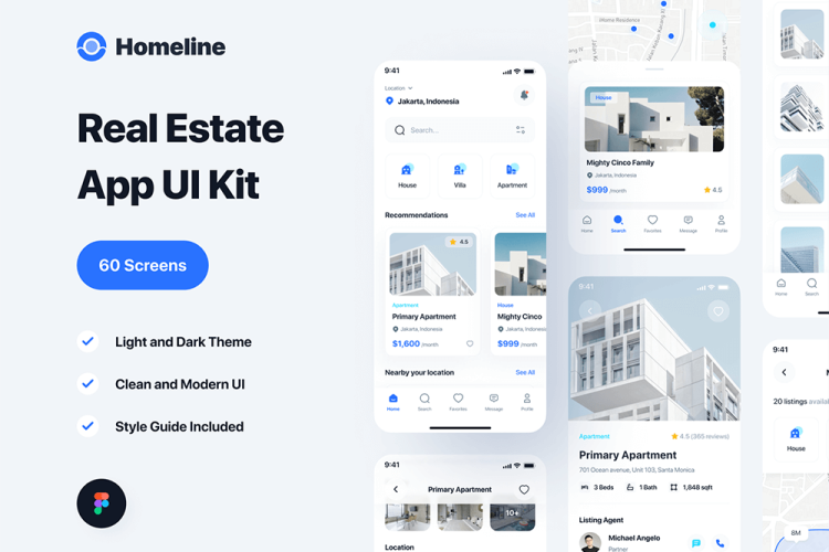 Homeline – Real Estate & Rent House App UI Kit 60多屏国外房地产在线看房售房app界面设计蓝色ui套件明暗模板