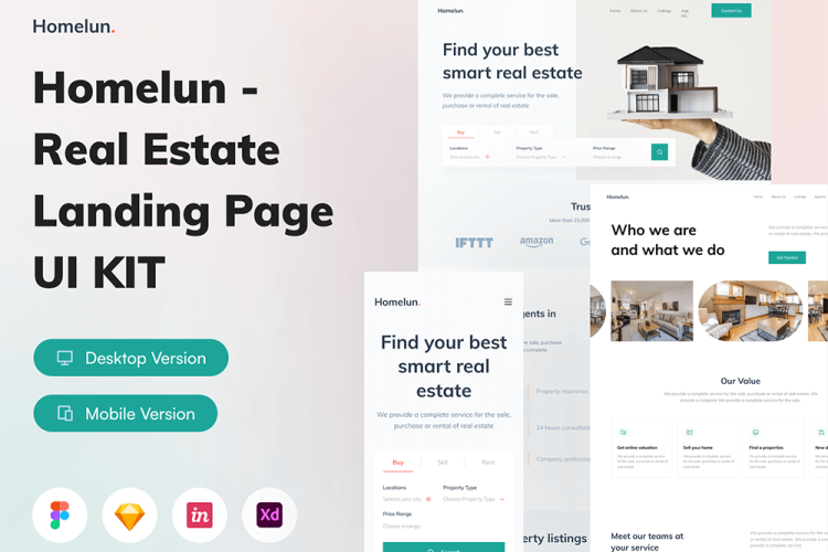 Homelun – Real Estate Landing Page UI KIT 房地产应用在线房源查询交易响应式网页界面设计UI套件模板