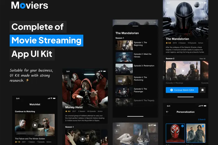 Moviers – Movie Streaming App UI Kit 移动影院手机app界面设计在线电影ui设计素材