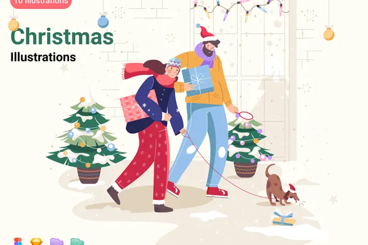 New Year Illustrations Theme 10款创意趣味时尚卡通圣诞节新年手绘人物插图插画ai素材源文件