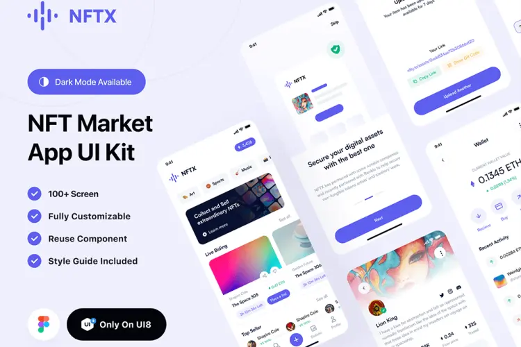 NFTX – NFT Market App UI Kit 100屏高质量NFT市场应用手机app界面用户交互设计明暗ui套件模板