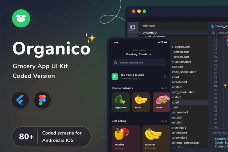 Organico Grocery App UI Kit (Design + Code) 80多屏蔬菜水果商品在线订购购物商城app界面UI设计