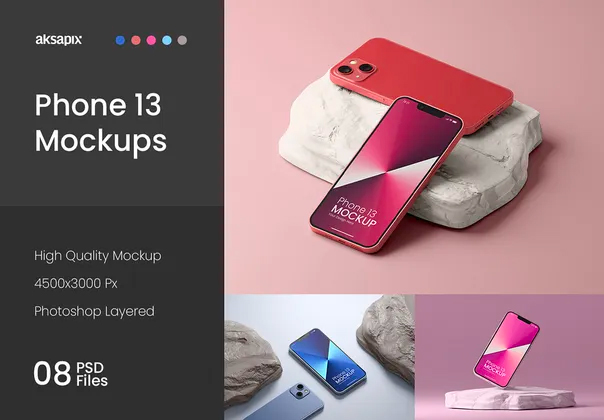 Phone 13 Mockup 8款iPhone 13手机app界面ui设计作品贴图ps样机素材场景展示模板